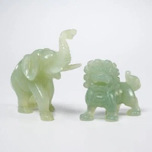 Carved Faux Jade Green Stone Foo Dog Guardian Lion Elephant Small Statue Pair - Picture 1 of 6