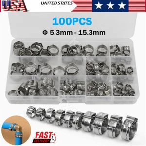 100PCS Hose Clamps Kit Stainless Steel Ear Cinch Ring Crimp Pinch Assortment Set - Picture 1 of 14