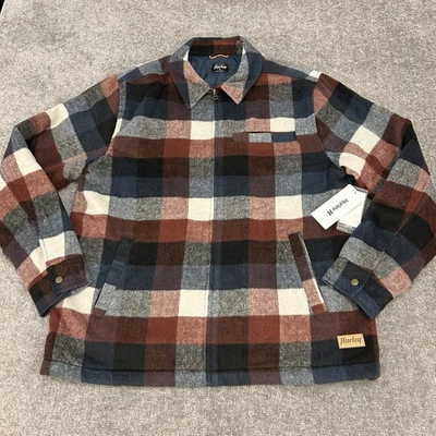 Hurley Jacket Mens Medium Red Blue Plaid Union Zip Quilted Lined Shacket NEW$109 - Image 1 of 4