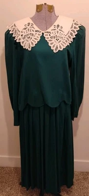 Vtg Plaza South Green Dress Women's Battenburg Lace Pearl Detail 10/ 12 Cottage - Image 1 of 4