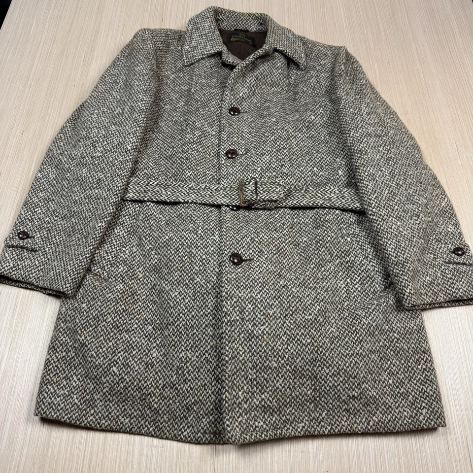Vintage 70s Tweed Zero King Wool Overcoat Top Coat Men’s Size 44 Herringbone - Image 1 of 4