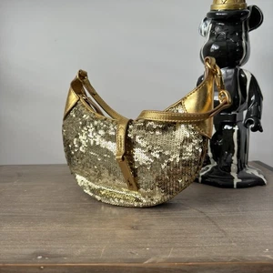 Polo RALPH LAUREN MOON BAG ID pelle mini tracolla polso a mano oro glitter - Foto 1 di 24