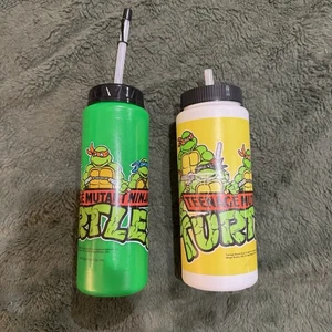 Vintage 1988 TEENAGE MUTANT NINJA TURTLES WATER BOTTLE With Straw Green & Yellow - Picture 1 of 11