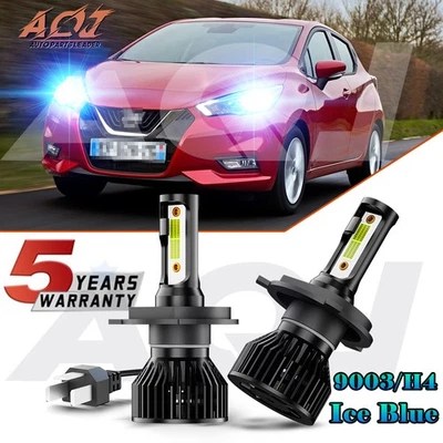 For Nissan Micra 1984-2018 Ice Blue 8000K H4 LED Headlight Bulbs High-Low Beam Foto 1 de 4