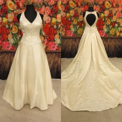 Elegant Wedding Dresses V Neck Backless Embroidery Satin A Line Bridal Gowns - Image 1 of 4