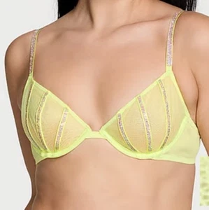Victoria’s Secret VERY SEXY Unlined Demi Bra Yellow Mesh Bling Straps 38DD NWT - Picture 1 of 4