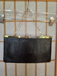 Borsa pochette Etra busta nera pelle lucertola borsa da sera catena oro vintage pulita - Foto 1 di 14