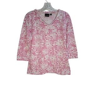 Tribal Pink Floral Striped Casual Sleeve Top Women's Medium Casual Beachy - Picture 1 of 7
