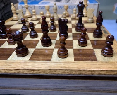 Vintage Holz klappbar Reise Schach Dame Set komplett Brettspiel mit Aufbewahrung - Bild 1 von 4