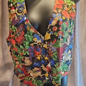 Vintage 111 Hauptweste Weihnachtsbaum Weihnachtsmann hinten zum Binden Urlaub Knopfleiste Damen 1X - Bild 1 von 15