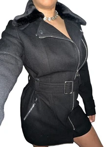 Express Women M Black Wool Blend Moto Style Belted Pea Coat Faux Fur￼ $198 Sexy - Picture 1 of 10
