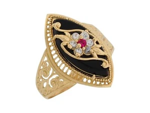 10k or 14k Yellow Gold Onyx White CZ Simulated Ruby Fancy Flower Ladies Ring - Picture 1 of 4