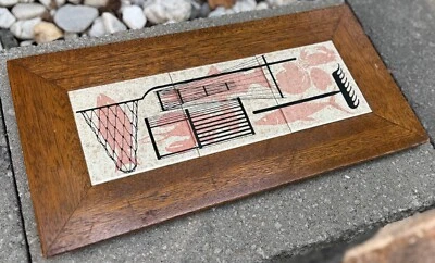 Plato de arte atómico vintage años 50 MCM madera azulejo cerámica peces vida marina mediados de siglo Foto 1 de 4