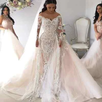 Boho Mermaid Wedding Dresses Off Shoulder Long Sleeves Lace Applique Bridal Gown - Image 1 of 4
