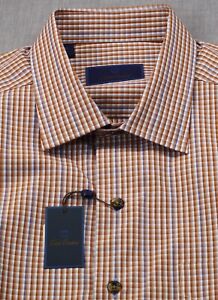 David Donahue Logo Mens Pumpkin Check 100% Cotton Dress Shirt NWT 18  35 XL $135