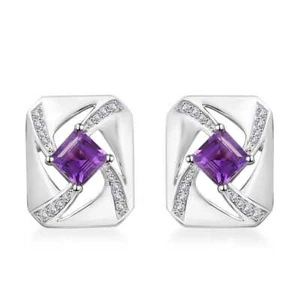 GP Art Deco Collection Premium Moroccan Amethyst & Zircon Studs Rhodium Plated - Picture 1 of 5