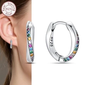 KUNSIR 925 Sterling Silver Geometric CZ Huggie Hoop Earrings Women Men Jewelry - Picture 1 of 6