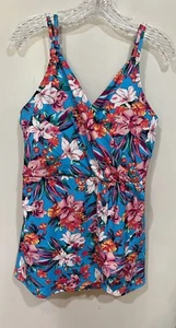 Lands’ End Womens Size L 14/16 Turquoise Floral Tulip Hem Tankini Swimsuit Dress - Picture 1 of 8