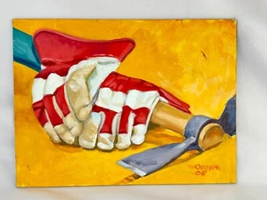 Still Life Construction Painting by Eugene J Thompson 9x12 Pick Ax & Work Gloves - Picture 1 of 8