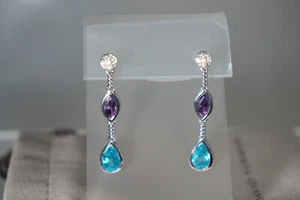 David Yurman 925 Silver Blue Topaz Amethyst Diamond Drop Confetti 585 Earrings+ - Picture 1 of 4