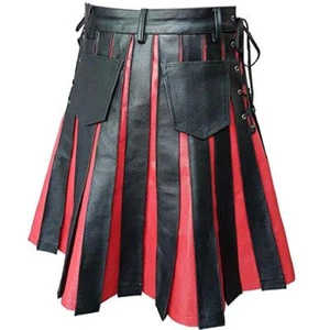 Men Kilt BLACK RED Leather Gladiator Pleated Utility FLAT FRONT Pocket Wrap - Picture 1 of 4