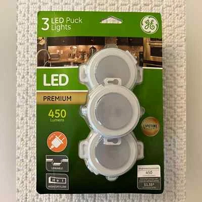 New in Box GE LED Premium Puck Lights, 3 pack, 450 lumen, linkable, hi/low/off - Image 1 of 4