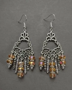 Earrings Handmade Chandelier Boho Iridescent Orange Champagne Crystal Drop - Picture 1 of 1