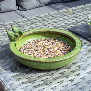 Round Ceramic Bird Bath Green Glaze Garden Outdoor Seed Feeder Bowl Decoration - Picture 1 of 4