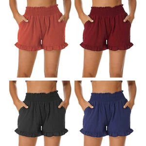 Pantaloncini donna estivi casual elasticizzati vita alta smocked con tasche - Foto 1 di 70