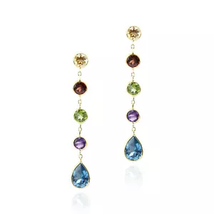 14K Yellow Gold Dangling Stud Earrings With Multicolored Gemstone Stations - Picture 1 of 3