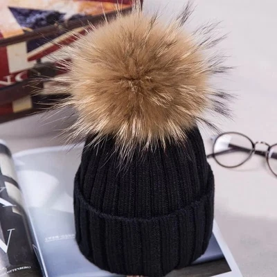 Ladies Womens Winter Warm Knitted Beanie Ski Hat Faux Fur Bobble Pom Pom Hat
