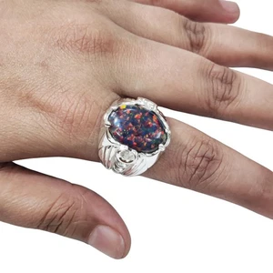NATURAL BLACK OPAL OCTOBER BIRTH 925 STERLING SILVER WEDDING HUGE MENS RING - Picture 1 of 9