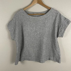 Blusa cuadrada manga corta mezcla lino gris talla suelta para mujer S - Imagen 1 de 4