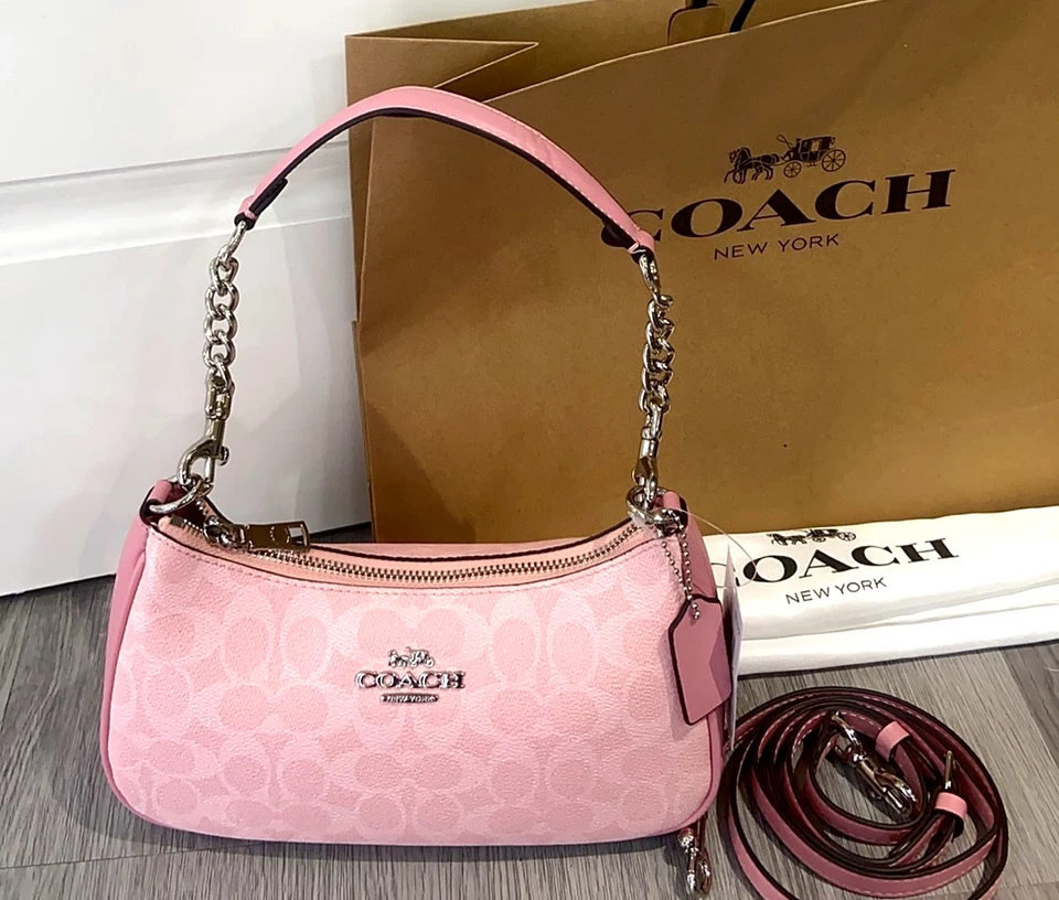 Bolsa de ombro Coach Teri nova com etiquetas em lona assinatura CV933 rosa empoeirado - Imagem 1 de 4