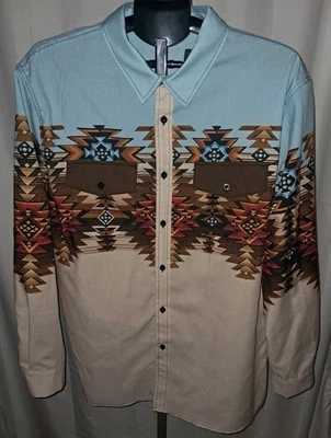 Ouku Western Aztec Mustang Cowboy Print Line Sleeve Button Up Shirt Mens 2XL - Image 1 of 4