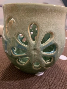 Handmade Studio Art Pottery Candle Holder Cut Out Artist Signed  - Picture 1 of 6
