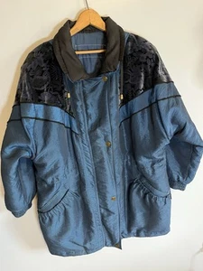Vintage Coat Womens L Blue Black Shimmer Burnout Velvet Puffer Lined Zip 80's - Picture 1 of 6