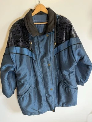 Abrigo Vintage Mujer L Azul Negro Brillo Burnout Terciopelo Puffer Forrado Cremallera Años 80 Foto 1 de 4