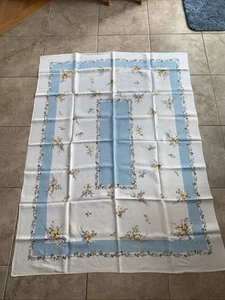 Aqua Blue Tablecloth Vintage Mid Century Wild Flowers 50" x 66" - Picture 1 of 4