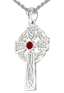 Men Sterling Silver Celtic Knot Cross Simulated Ruby July Birthstone Necklace - Picture 1 of 5