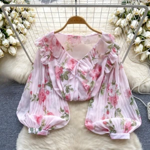 Damen Blumen Chiffon Plissee Bluse Shirt Top V-Ausschnitt Puffärmel Rüschen Knopf - Bild 1 von 18