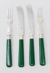 Green Handled Butter Spreaders And Dessert Forks Silver Plated Set - Picture 1 of 8