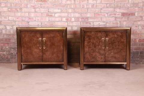 Mastercraft Hollywood Regency Burl Wood and Brass Nightstands, 1970s Cover
