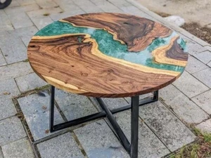 Round Green Epoxy Resin Coffee Table Acacia Wooden Furniture Housewarming Decors - Picture 1 of 7