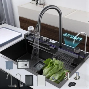 Waterfall Kitchen Sink Set Stainless Steel Nano Home Sink with Pull-Out Faucet - Picture 1 of 24