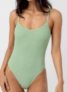 NEW RHYTHM x FREE PEOPLE CATCUS GREEN SMOCKED HI CUT ONE PIECE SWIMSUIT SZ S - Picture 1 of 11