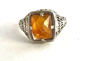Antique 14k White Gold Filigree Citrine Ring Size 3 - Picture 1 of 8