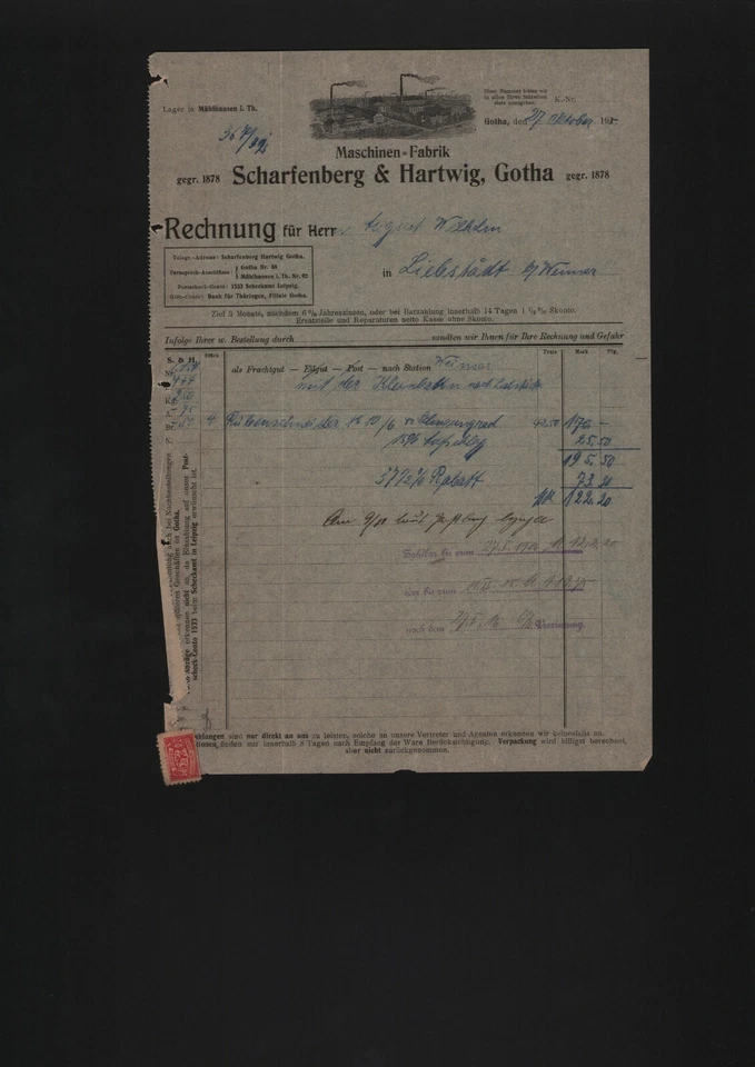 GOTHA, Rechnung 1915, Scharfenberg & Hartwig Maschinen-Fabrik Rübenschneider - Bild 1 von 1
