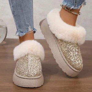 Winter Boots Sequined Slipper Style Outdoor Indoor Fashion Shoes Thick Platform - Picture 1 of 22