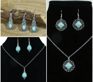 Set aus 3 lustigen Modeschmuck silberfarbenen Faux Türkis Ohrringen und Halskette - Bild 1 von 12